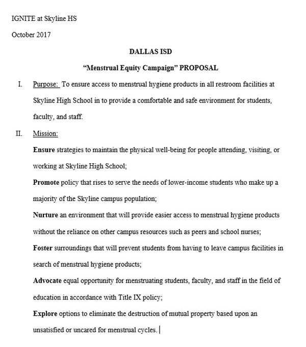 example proposal advocacy for menstrual equity ignite national skyline high school