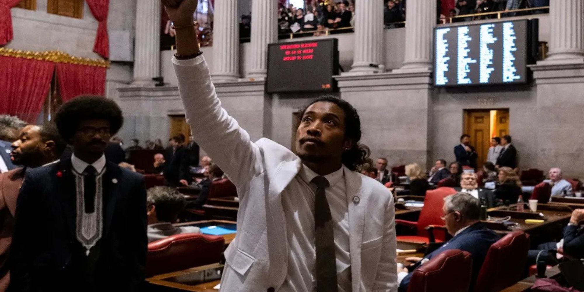 Democratic state Rep. Justin Jones of Nashville gestures during a vote on his expulsion from the state legislature at the State Capitol Building on April 6, 2023 in Nashville, Tennessee.